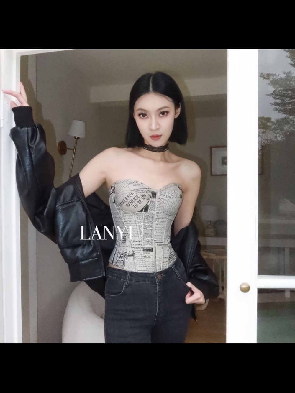 Newspaper Print Bustier Crop Top - White/Black